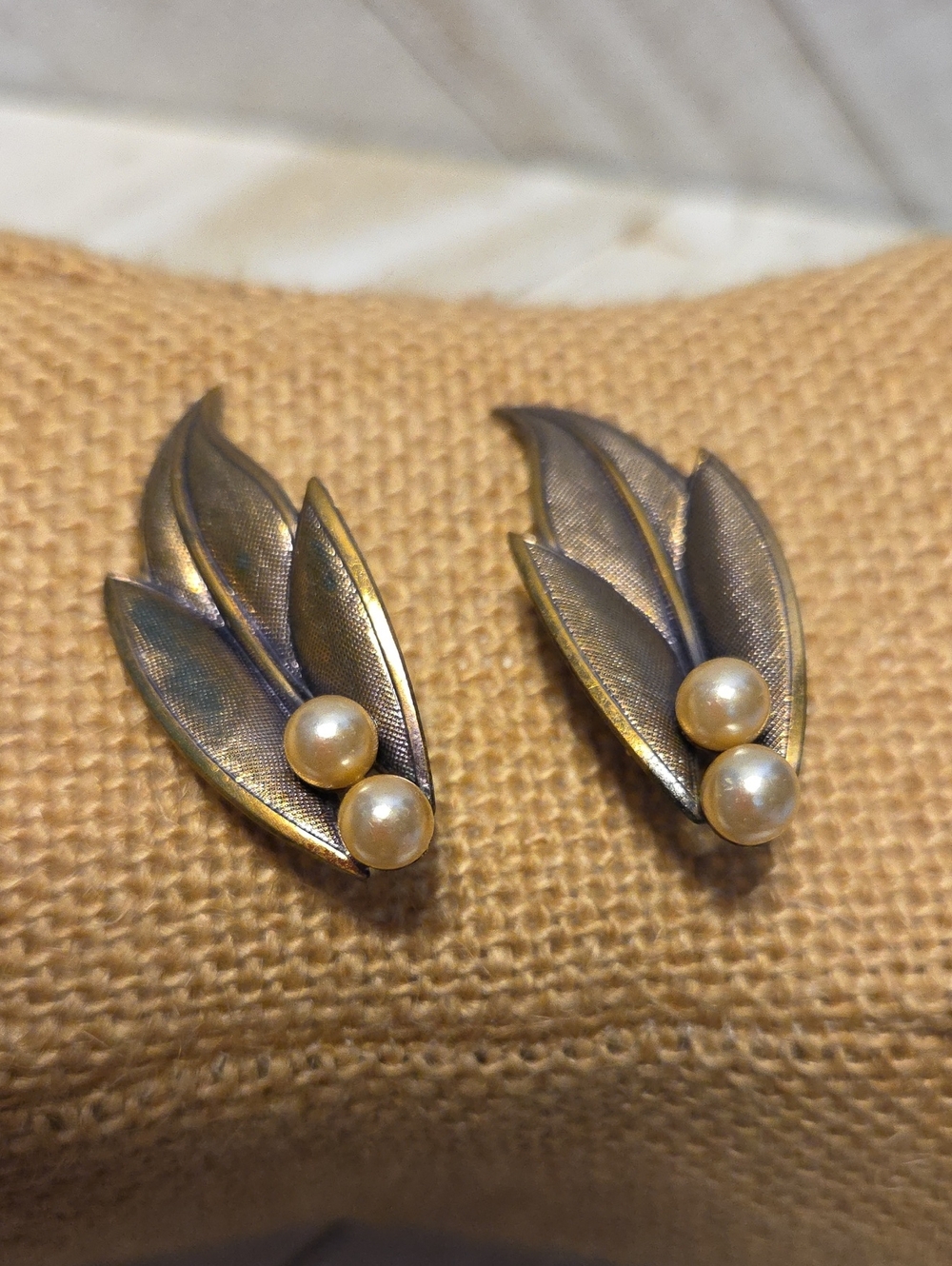 Vintage West Germany Pearl Leaf Earrings